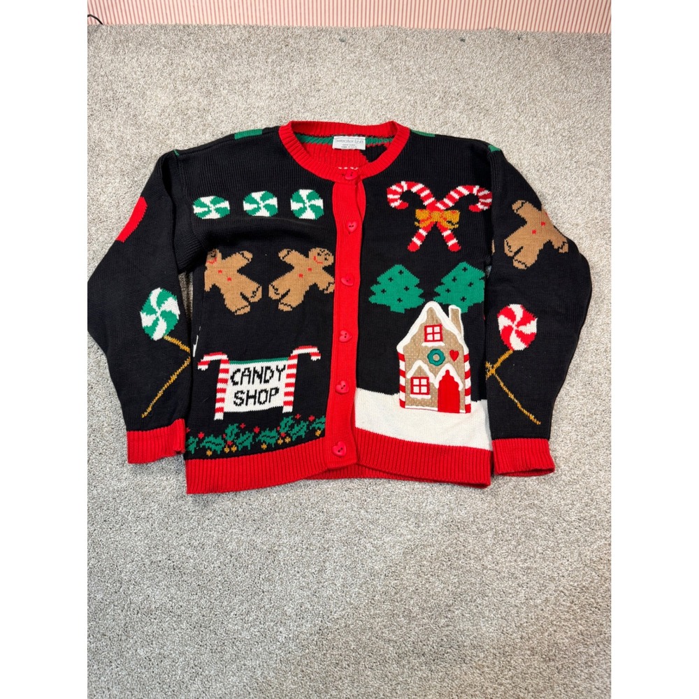 Sweater Loft Vintage Christmas Candy Shop Gingerbread Cardigan Black Red Small